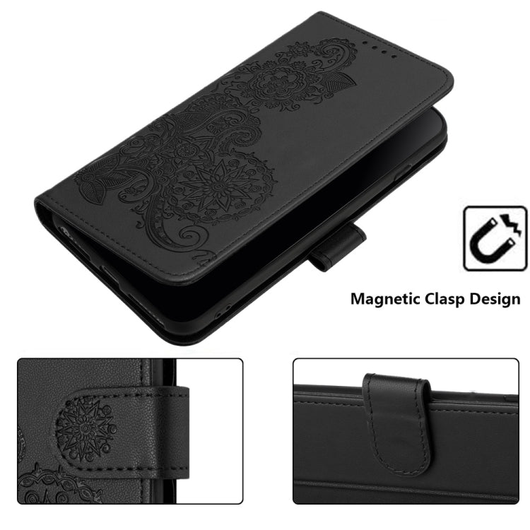 For iPhone 16 Plus Datura Flower Embossed Flip Leather Phone Case(Black)