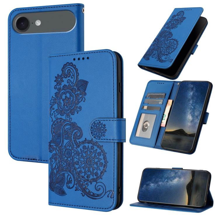 For iPhone 17 Air Datura Flower Embossed Flip Leather Phone Case(Blue)
