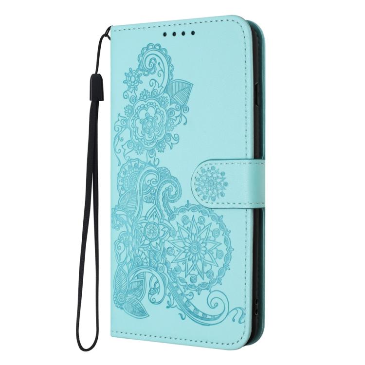 For iPhone 17 Datura Flower Embossed Flip Leather Phone Case(Light Blue)