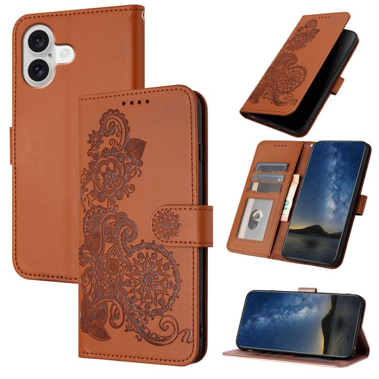 For iPhone 17 Datura Flower Embossed Flip Leather Phone Case(Brown)