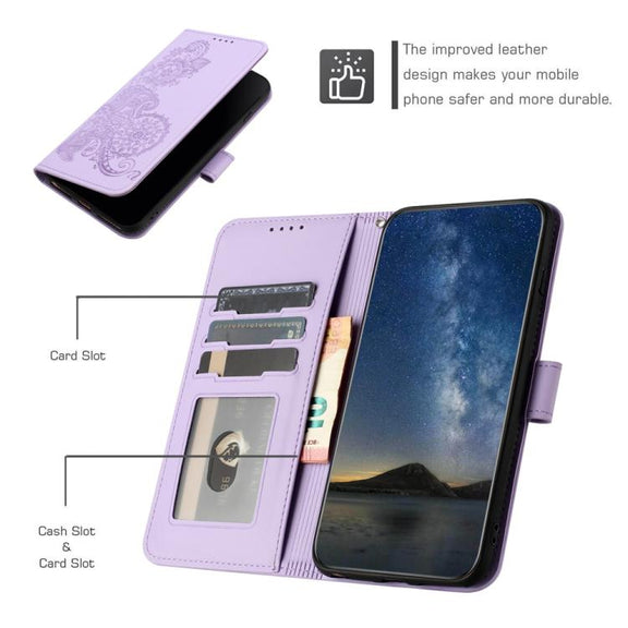 For iPhone 17 Datura Flower Embossed Flip Leather Phone Case(Purple)