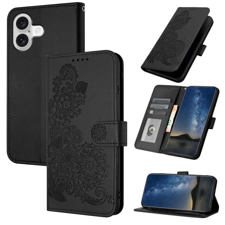 For iPhone 17 Datura Flower Embossed Flip Leather Phone Case(Black)