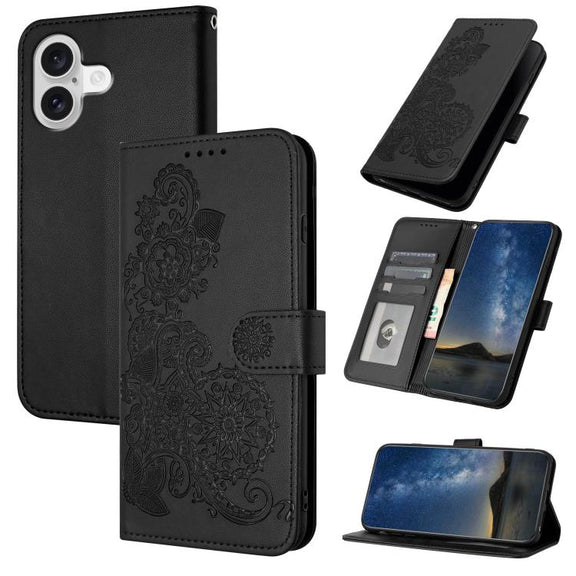 For iPhone 17 Datura Flower Embossed Flip Leather Phone Case(Black)