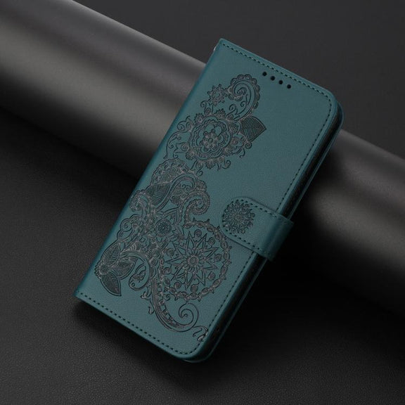 For iPhone 17 Datura Flower Embossed Flip Leather Phone Case(Dark Green)