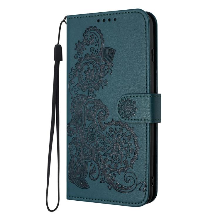 For iPhone 17 Datura Flower Embossed Flip Leather Phone Case(Dark Green)