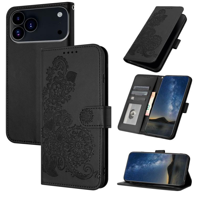 For iPhone 17 Pro Max Datura Flower Embossed Flip Leather Phone Case(Black)