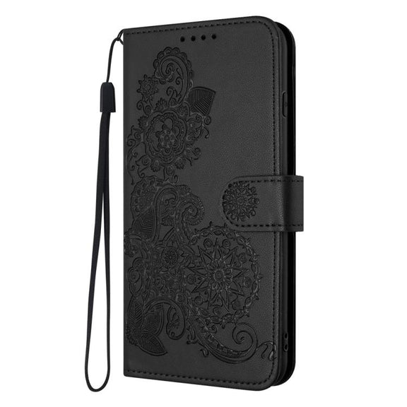 For iPhone 17 Pro Max Datura Flower Embossed Flip Leather Phone Case(Black)