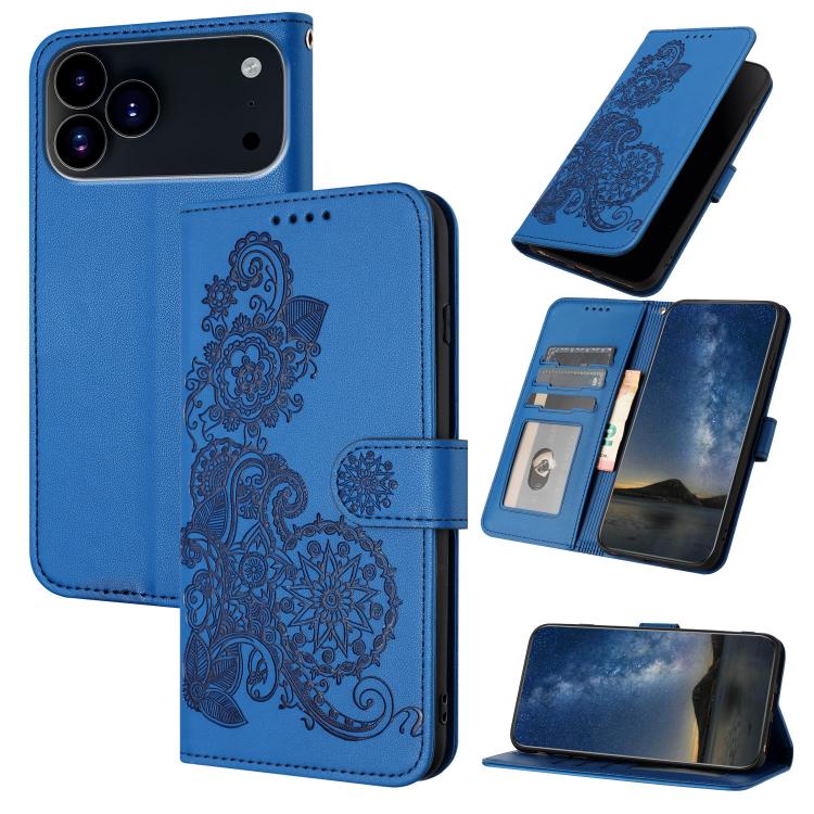 For iPhone 17 Pro Datura Flower Embossed Flip Leather Phone Case(Blue)