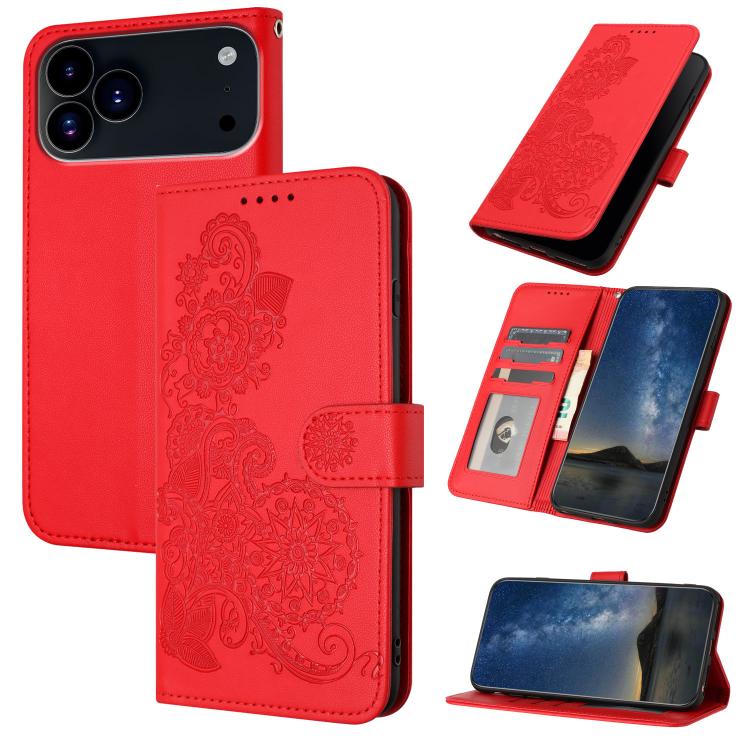 For iPhone 17 Pro Datura Flower Embossed Flip Leather Phone Case(Red)