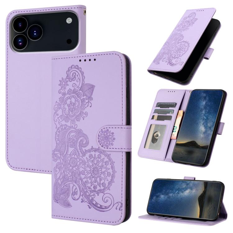 For iPhone 17 Pro Datura Flower Embossed Flip Leather Phone Case(Purple)