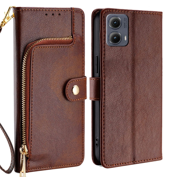 For Motorola Edge 5G 2024 Zipper Bag Leather Phone Case(Brown)