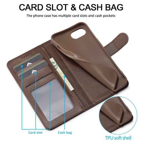 LC.IMEEKE Calf Texture Horizontal Flip Leather Case For iPhone 16e(Brown)