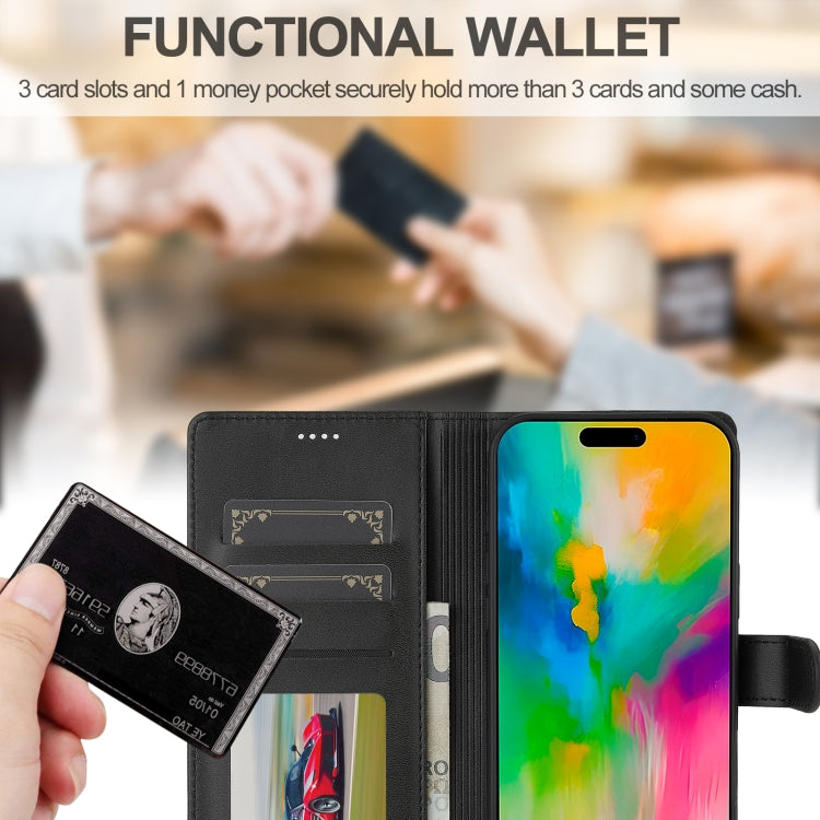 LC.IMEEKE Calf Texture Horizontal Flip Leather Case For iPhone 16 Pro Max(Black)