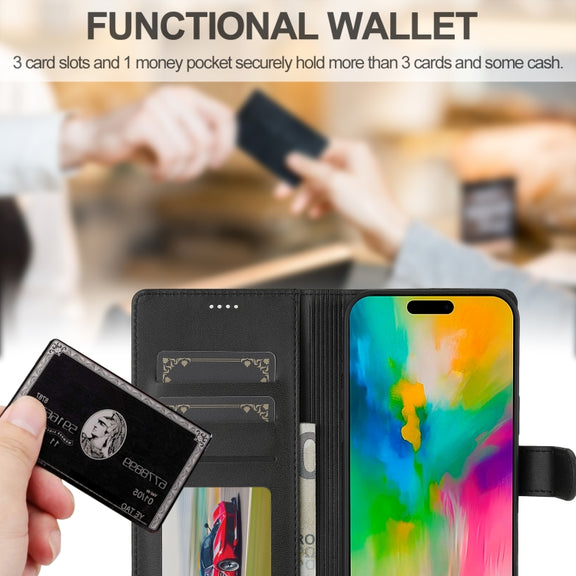 LC.IMEEKE Calf Texture Horizontal Flip Leather Case For iPhone 16 Pro Max(Black)