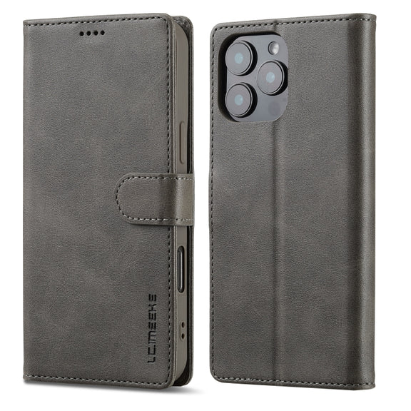 LC.IMEEKE Calf Texture Horizontal Flip Leather Case For iPhone 16 Pro Max(Grey)