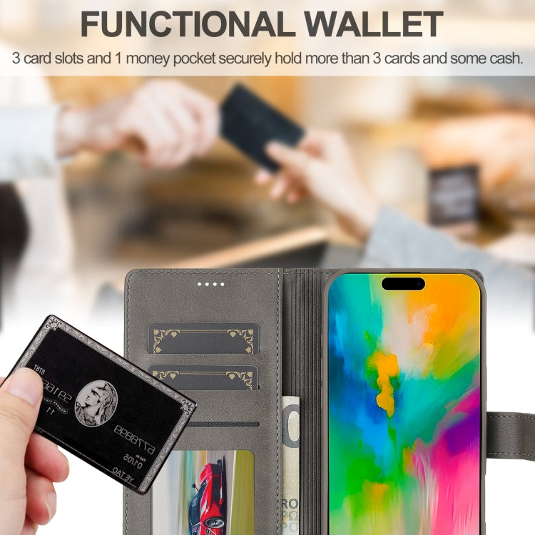 LC.IMEEKE Calf Texture Horizontal Flip Leather Case For iPhone 16 Pro Max(Grey)