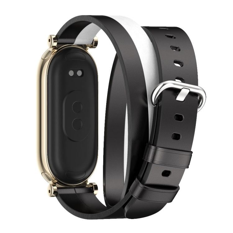 For Xiaomi Smart Band 10 / 9 / 8 Mijobs GT4 Dual-Loop Leather Watch Band(Black+White+Light Gold)