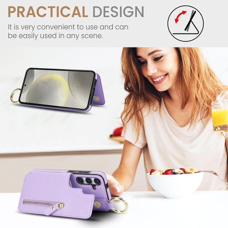 For Samsung Galaxy S24 5G Litchi Texture Zipper Double Buckle Card Bag Phone Case(Purple)