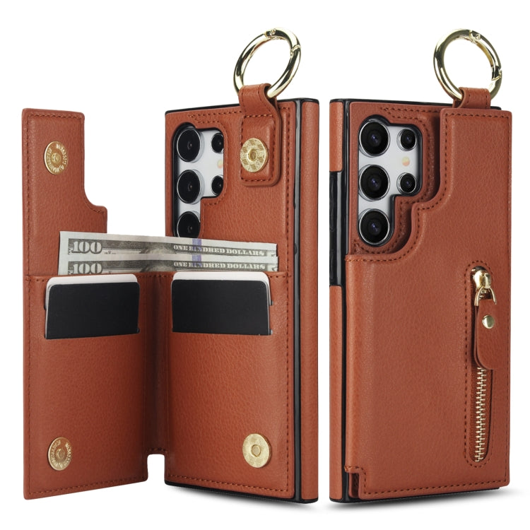 For Samsung Galaxy S24 Ultra 5G Litchi Texture Zipper Double Buckle Card Bag Phone Case(Brown)