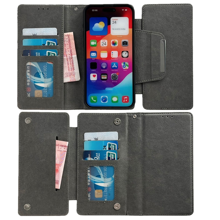 For iPhone 16 Pro Max Multifunctional Seven Cards Wallet Leather Phone Case(Grey)