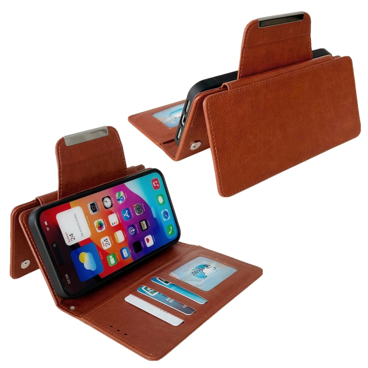 For iPhone 16 Pro Max Multifunctional Seven Cards Wallet Leather Phone Case(Brown)
