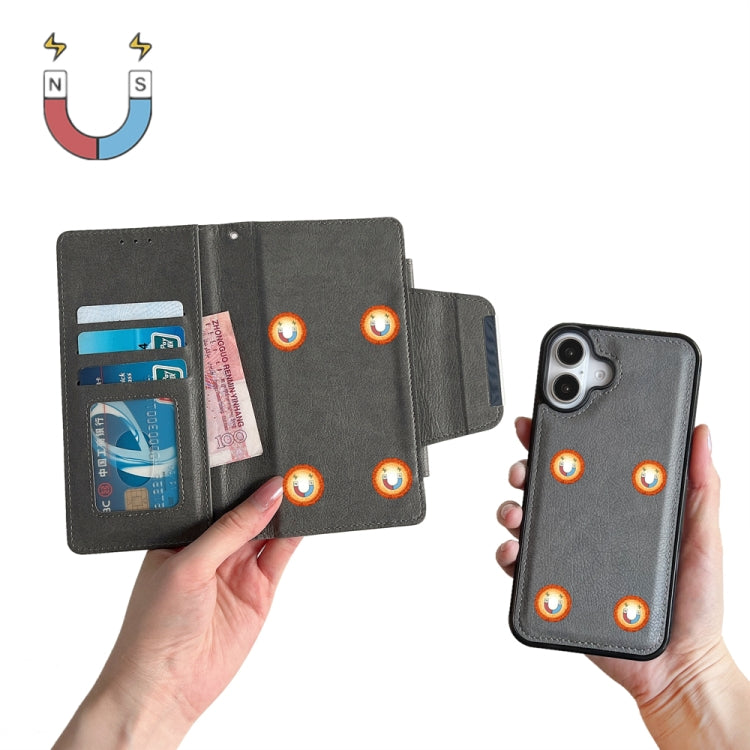 For iPhone 16 Plus Multifunctional Seven Cards Wallet Leather Phone Case(Grey)