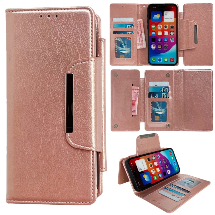 For iPhone 16 Plus Multifunctional 7-Cards Wallet Leather Phone Case(Rose Gold)