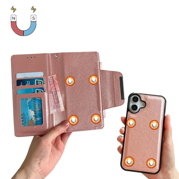 For iPhone 16 Plus Multifunctional 7-Cards Wallet Leather Phone Case(Rose Gold)