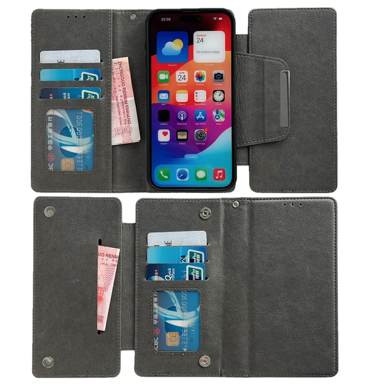 For iPhone 16 Multifunctional 7-Cards Wallet Leather Phone Case(Grey)