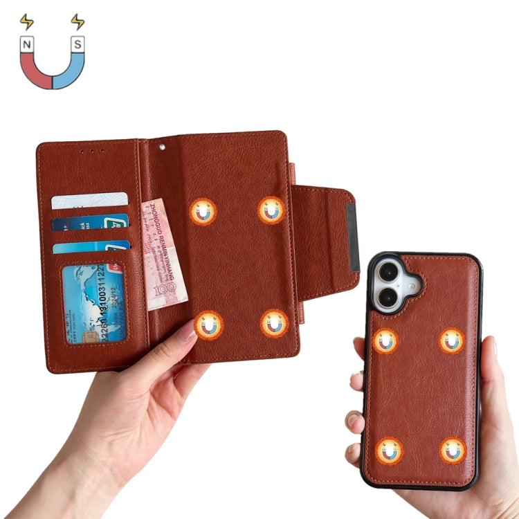 For iPhone 16 Multifunctional 7-Cards Wallet Leather Phone Case(Brown)
