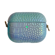 For AirPods Pro Colorful Crocodile Pattern PC Earphone Case with Anti-lost Metal Long Chain(Light Blue)