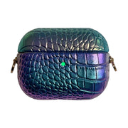 For AirPods Pro Colorful Crocodile Pattern PC Earphone Case with Anti-lost Metal Long Chain(Dark Blue)