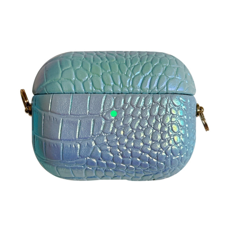 For AirPods Pro 2 Colorful Crocodile Pattern PC Earphone Case with Anti-lost Metal Long Chain(Light Blue)