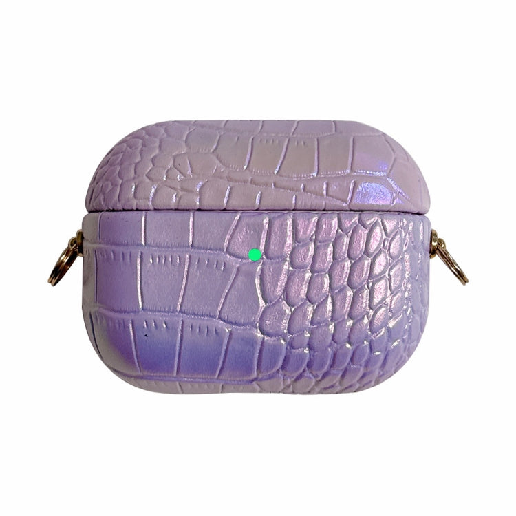 For AirPods Pro 2 Colorful Crocodile Pattern PC Earphone Case with Anti-lost Metal Long Chain(Purple)