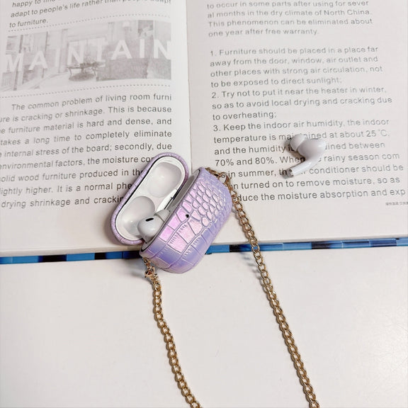 For AirPods Pro Colorful Crocodile Pattern PC Earphone Case with Anti-lost Metal Long Chain(Green)