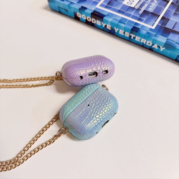 For AirPods Pro Colorful Crocodile Pattern PC Earphone Case with Anti-lost Metal Long Chain(Light Blue)