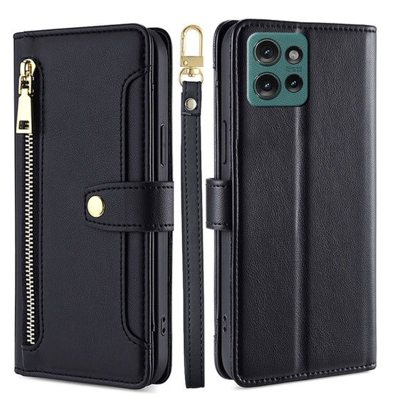 For Motorola Edge 50 5G Sheep Texture Cross-body Zipper Wallet Leather Phone Case(Black)