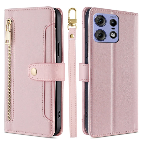 For Motorola Edge 50 Pro 5G Sheep Texture Cross-body Zipper Wallet Leather Phone Case(Pink)