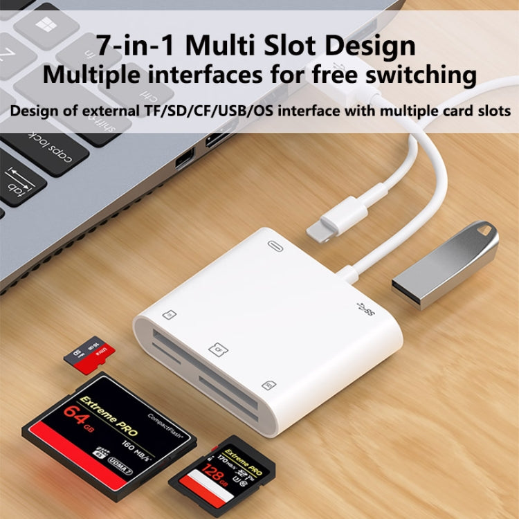 7 in 1 USB 3.0 + 8 Pin Interface Multi-function OTG Card Reader(White)