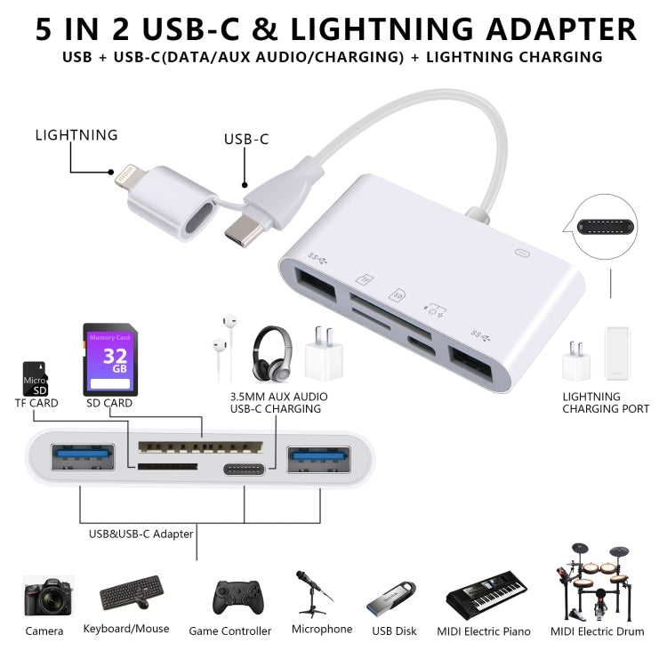 AJ-108PRO 6 in 2 USB-C / Type-C + 8 Pin Interface Multi-function Camera Card Reader(White)