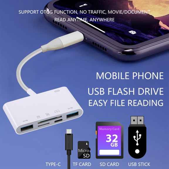 AJ-108PRO 6 in 2 USB-C / Type-C + 8 Pin Interface Multi-function Camera Card Reader(White)