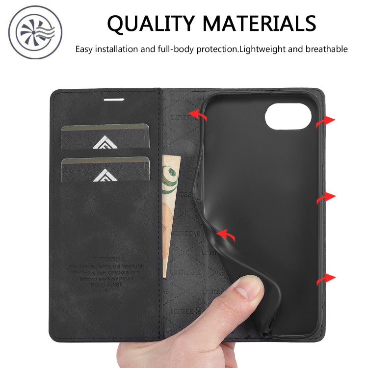 For iPhone 16e LC.IMEEKE Strong Magnetism Microfiber Leather Phone Case(Black)