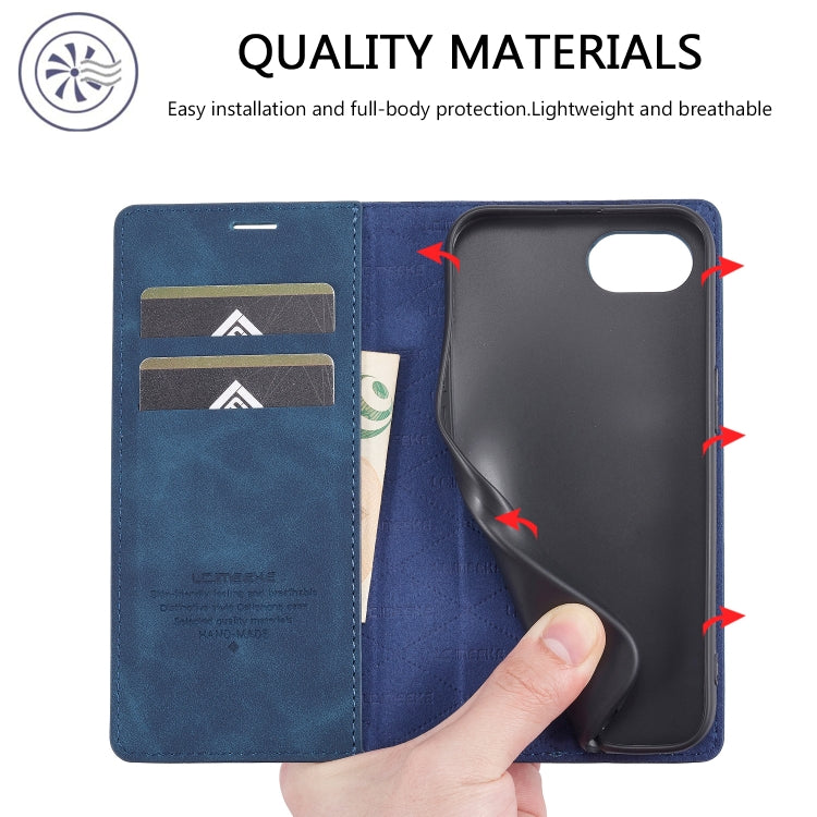 For iPhone 16e LC.IMEEKE Strong Magnetism Microfiber Leather Phone Case(Blue)