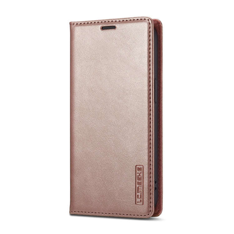 For iPhone 16e LC.IMEEKE Strong Magnetism Microfiber Leather Phone Case(Rose Gold)