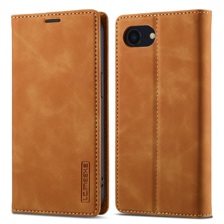 For iPhone 16e LC.IMEEKE Strong Magnetism Microfiber Leather Phone Case(Brown)