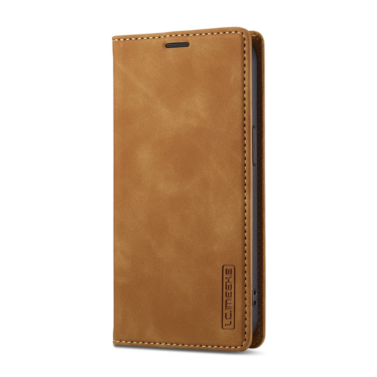 For iPhone 16e LC.IMEEKE Strong Magnetism Microfiber Leather Phone Case(Brown)