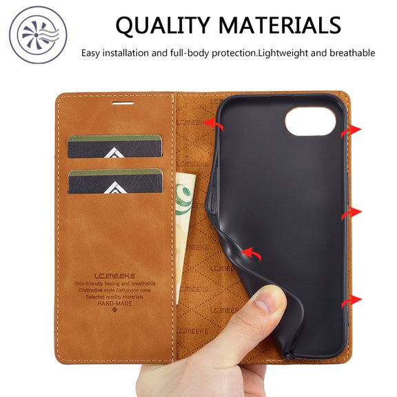 For iPhone 16e LC.IMEEKE Strong Magnetism Microfiber Leather Phone Case(Brown)