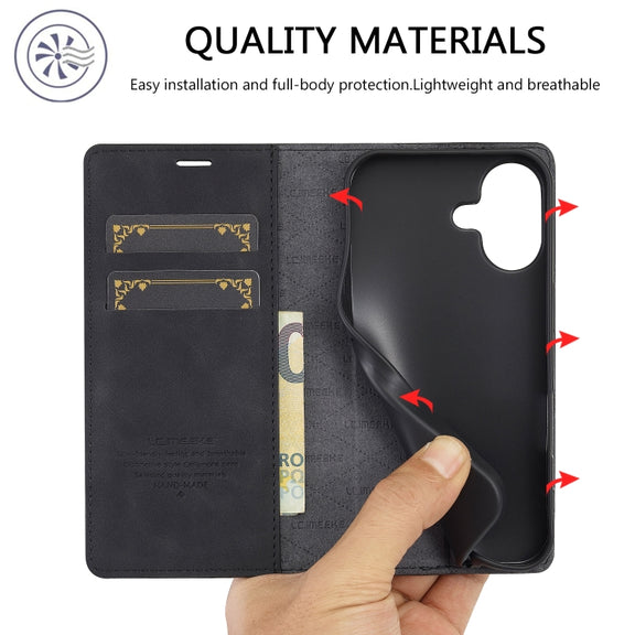 For iPhone 16 LC.IMEEKE Strong Magnetism Microfiber Leather Phone Case(Black)