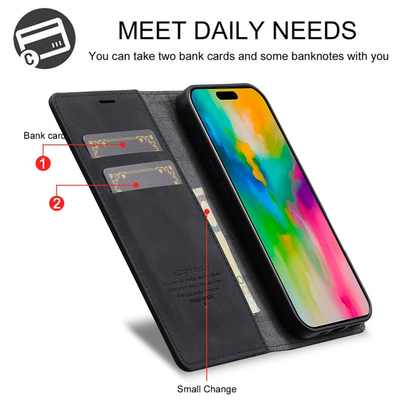 For iPhone 16 LC.IMEEKE Strong Magnetism Microfiber Leather Phone Case(Black)