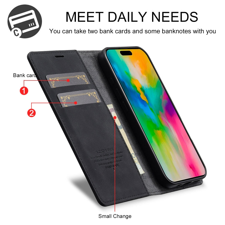 For iPhone 16 LC.IMEEKE Strong Magnetism Microfiber Leather Phone Case(Black)